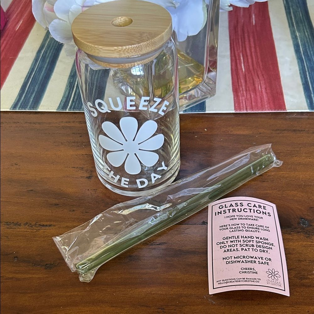 Created by Christine Glass Jar with Bamboo Lid and Straw - Squeeze the Day NEW